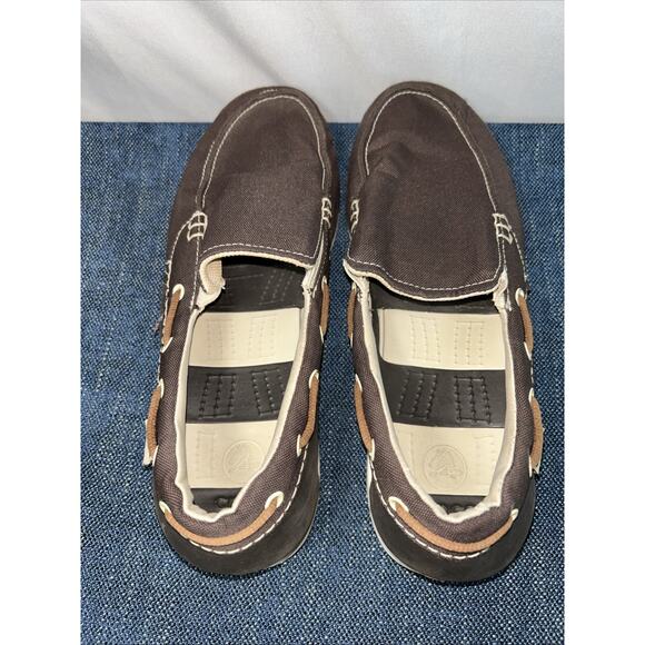 Crocs Shoes Mens Size 9 Brown Beach Line Canvas Slip Ons - Picture 5 of 12